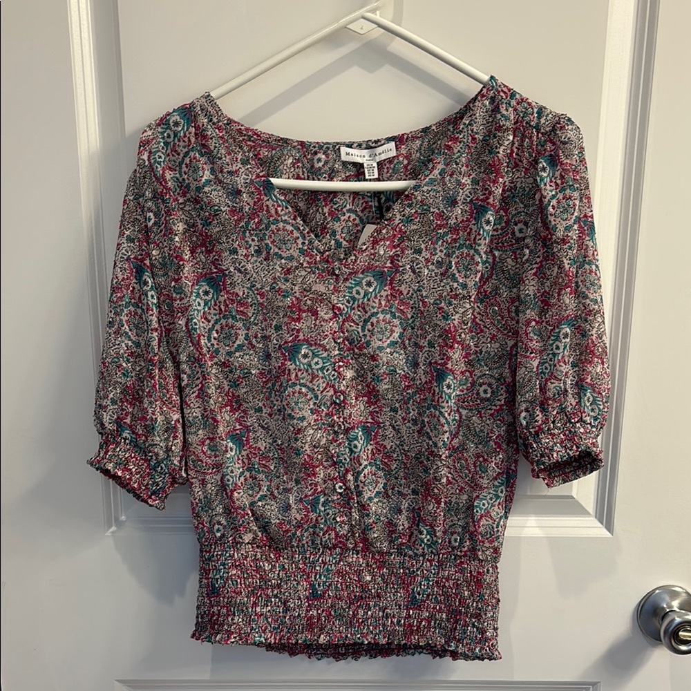 Red and Pink Floral Smocked Puff Sleeve Blouse